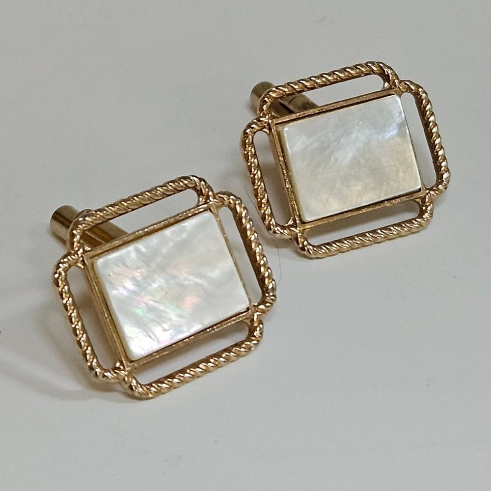 Vintage MCM Mother of Pearl Cufflinks | Quiet Luxury Gold Tone Square Cuff Links